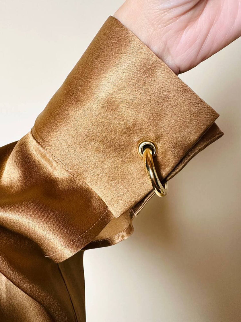 Blusa vintage Baila in seta bronzo con dettaglio gioiello nei polsi