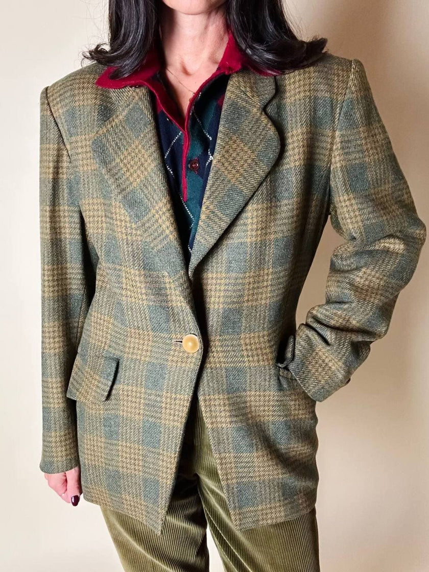 Blazer Yves Saint Laurent de lana con estampado de Príncipe de Gales verde y ocre