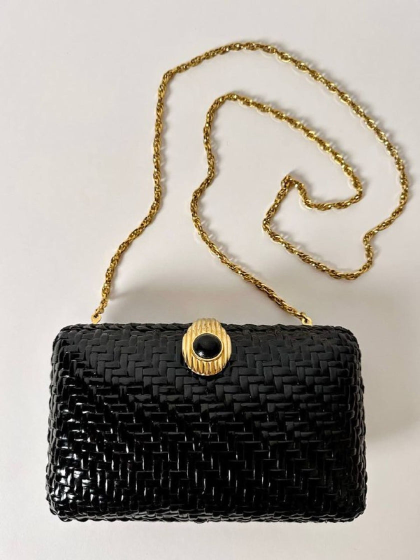 Borsa vintage Rodo in midollino nero e tracolla a carena