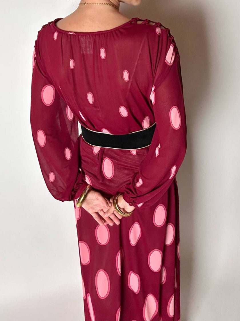 Maxi abito vintage Gottex in cpêpe amarena con maxi pois irregolari rosa
