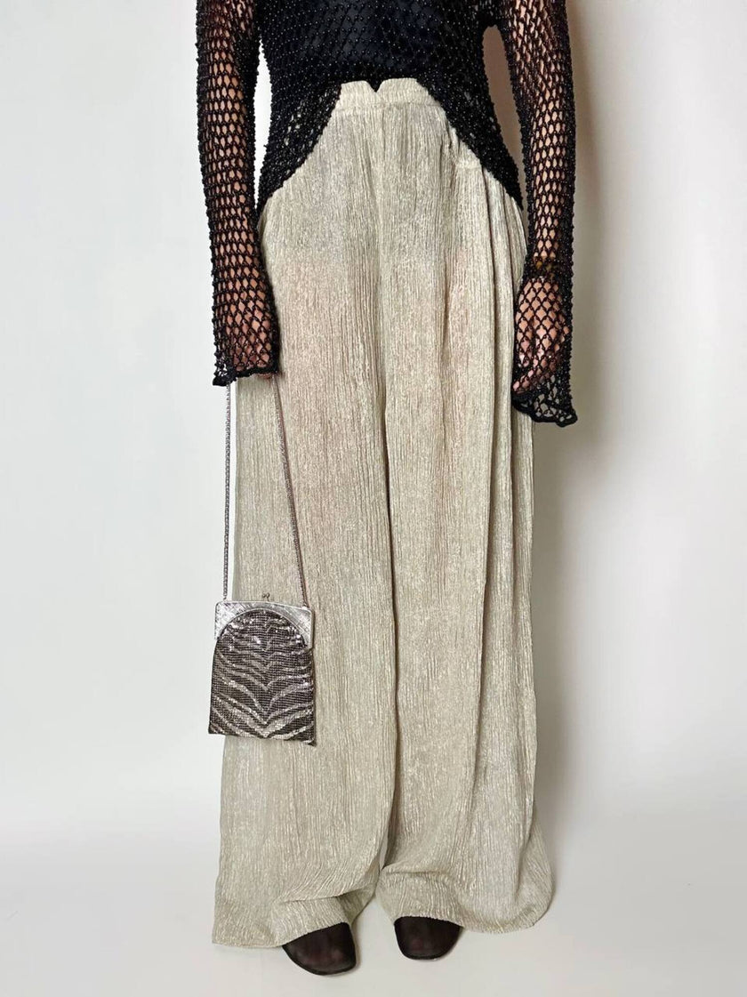Pantalone a palazzo vintage Emporio Armani in seta goffrata champagne operata con filo metallico