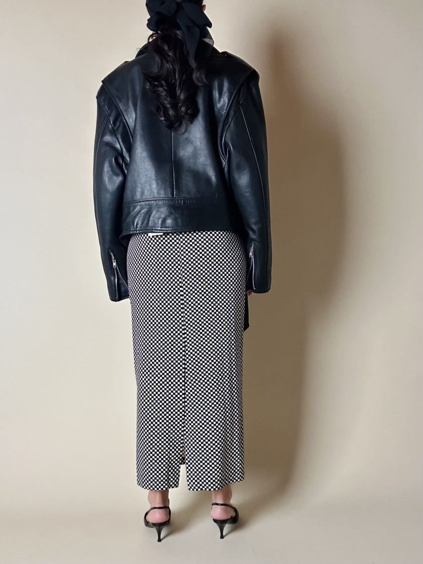 Giacca biker vintage in pregiata pelle nera con fodera trapuntata