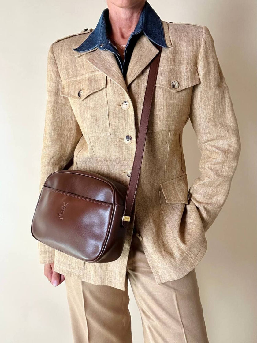 Borsa bandoulière Yves Saint Laurent in pelle marrone castagna con logo a caldo