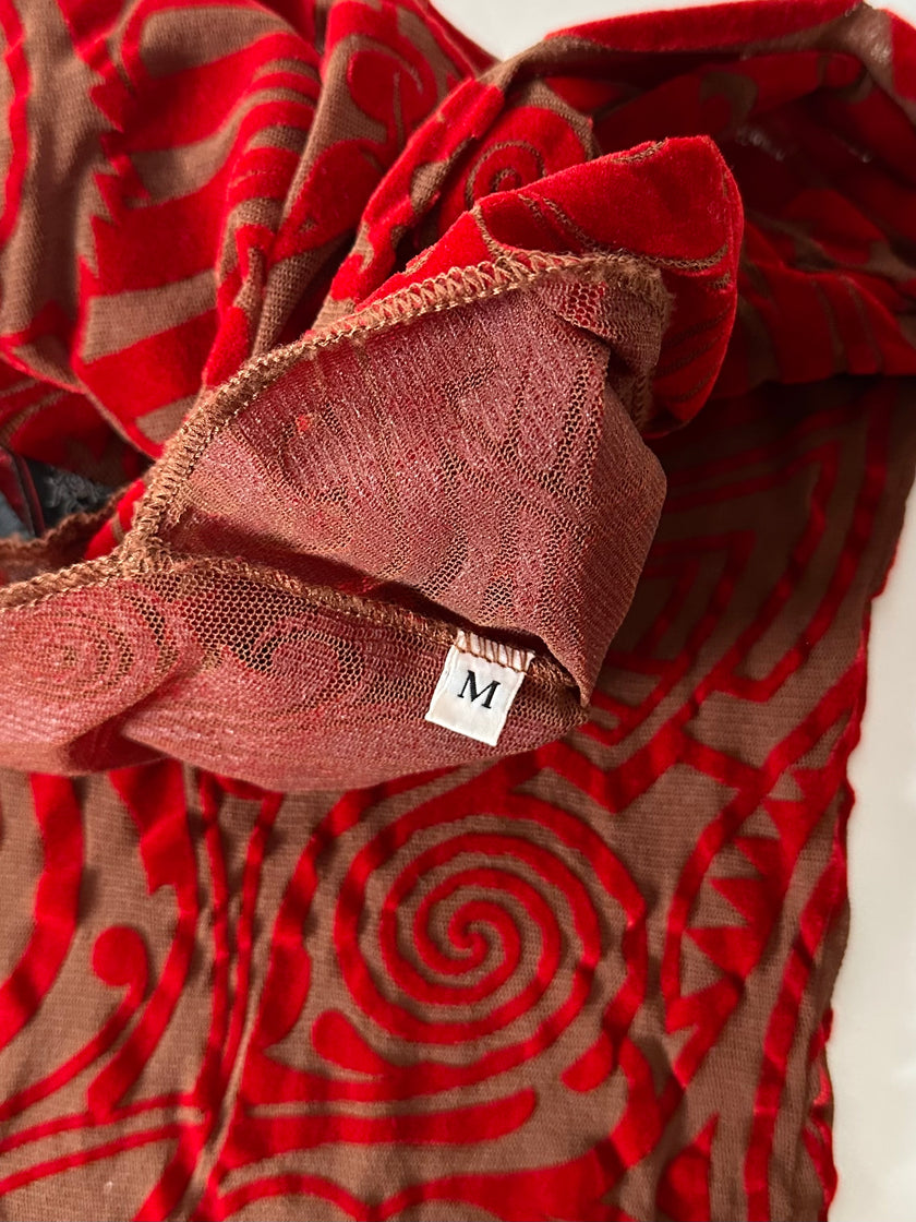 Maglia vintage Jean Paul Gaultier in mesh con stampa in floccato rosso