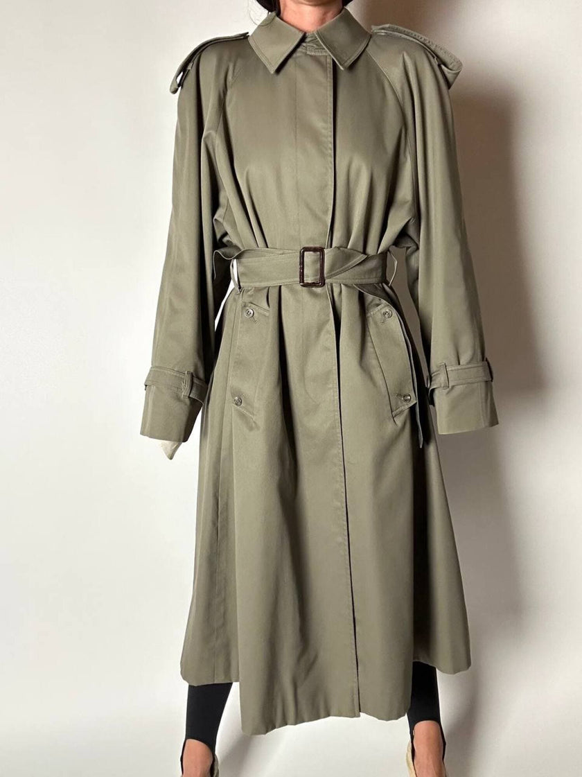 Vintage Aquascutum trench coat in khaki green gabardine with matching belt