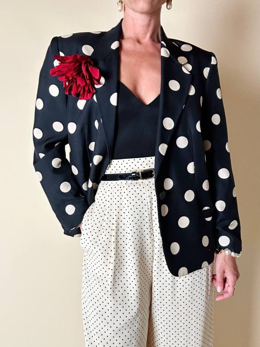Blazer in seta nera a grandi pois color panna “Genny”
