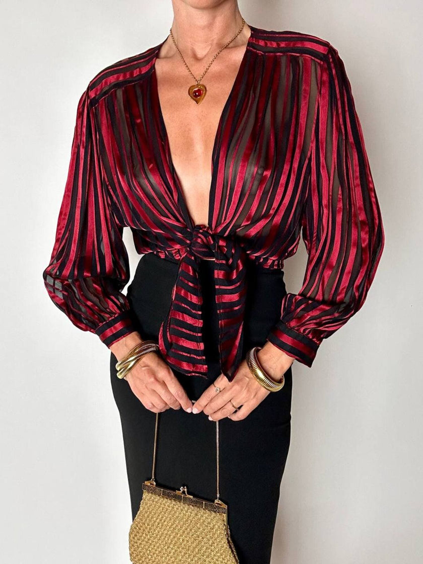 Camicia vintage in tessuto dévoré a righe bordeaux e nero