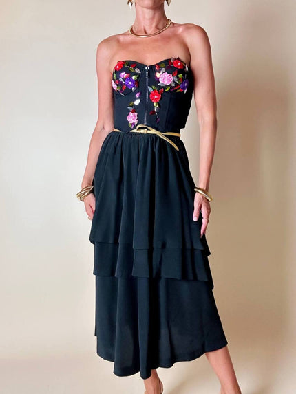 Bustier in cotone nero ricamato con fiori e paillettes e piccole coccarde multicolor “Giorgio Kauten”