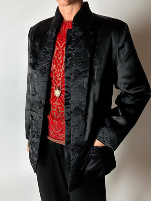 Giacca vintage tradizionale cinese in raso jacquard nero con alamari