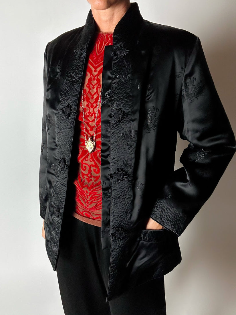 Giacca vintage tradizionale cinese in raso jacquard nero con alamari