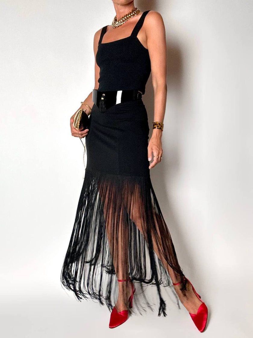 Gonna a tubino vintage Ivoire De Laurence Paris in jersey nero con frange lunghe
