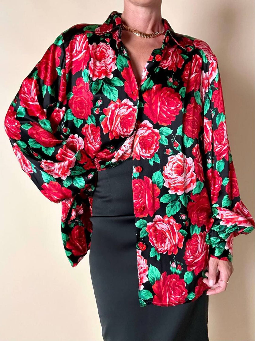 Camicia satroriale in raso di seta fantasia rose rosse