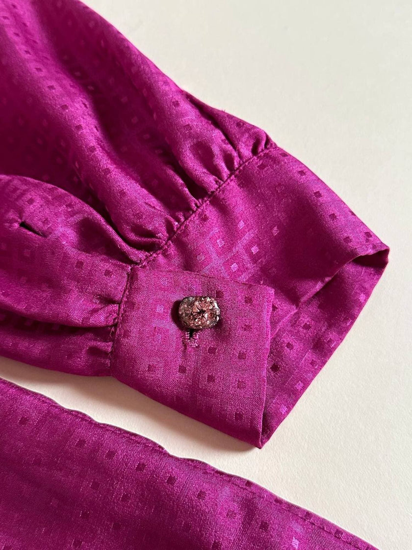 Camicia sartoriale con fiocco al collo in tessuto jacquard ciclamino