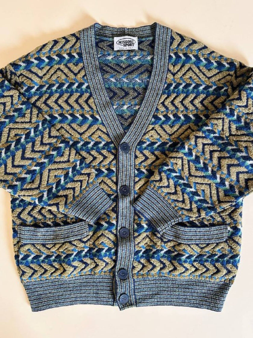 Cardigan Missoni Sport con pattern geometrico e trama tridimensionale nei toni del verde e blu