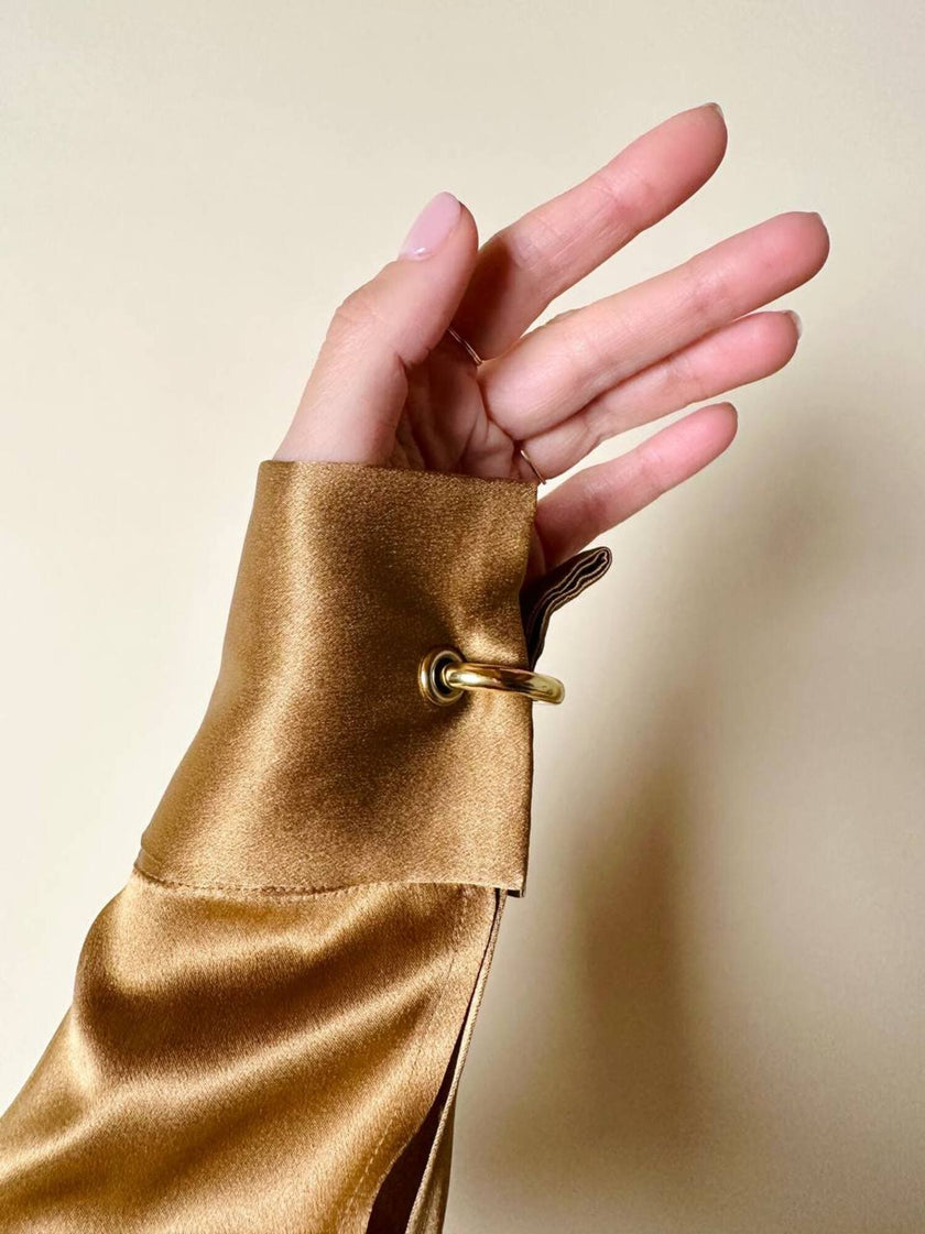 Blusa vintage Baila in seta bronzo con dettaglio gioiello nei polsi
