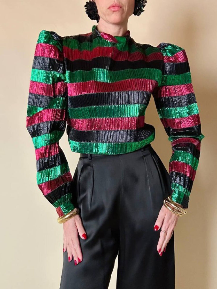 Blusa in lamé goffrato a righe orizzontali multicolor