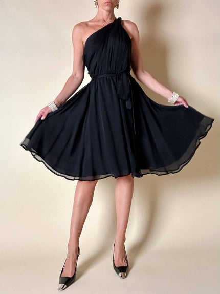 Abito mono spalla con gonna a ruota in voile di seta nero “MSGM”