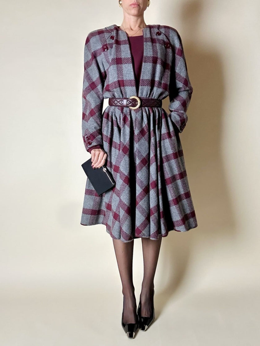 Abito Velentino Boutique in lana fantasia check grigio e bordeaux
