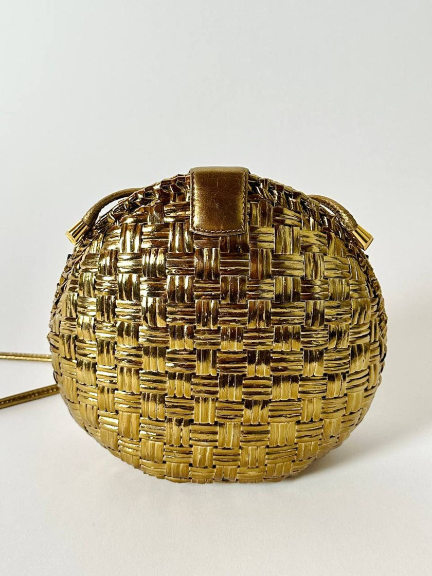 Borsa bandoulière vintage Rodo in midollino bronzo con chiusura gioiello