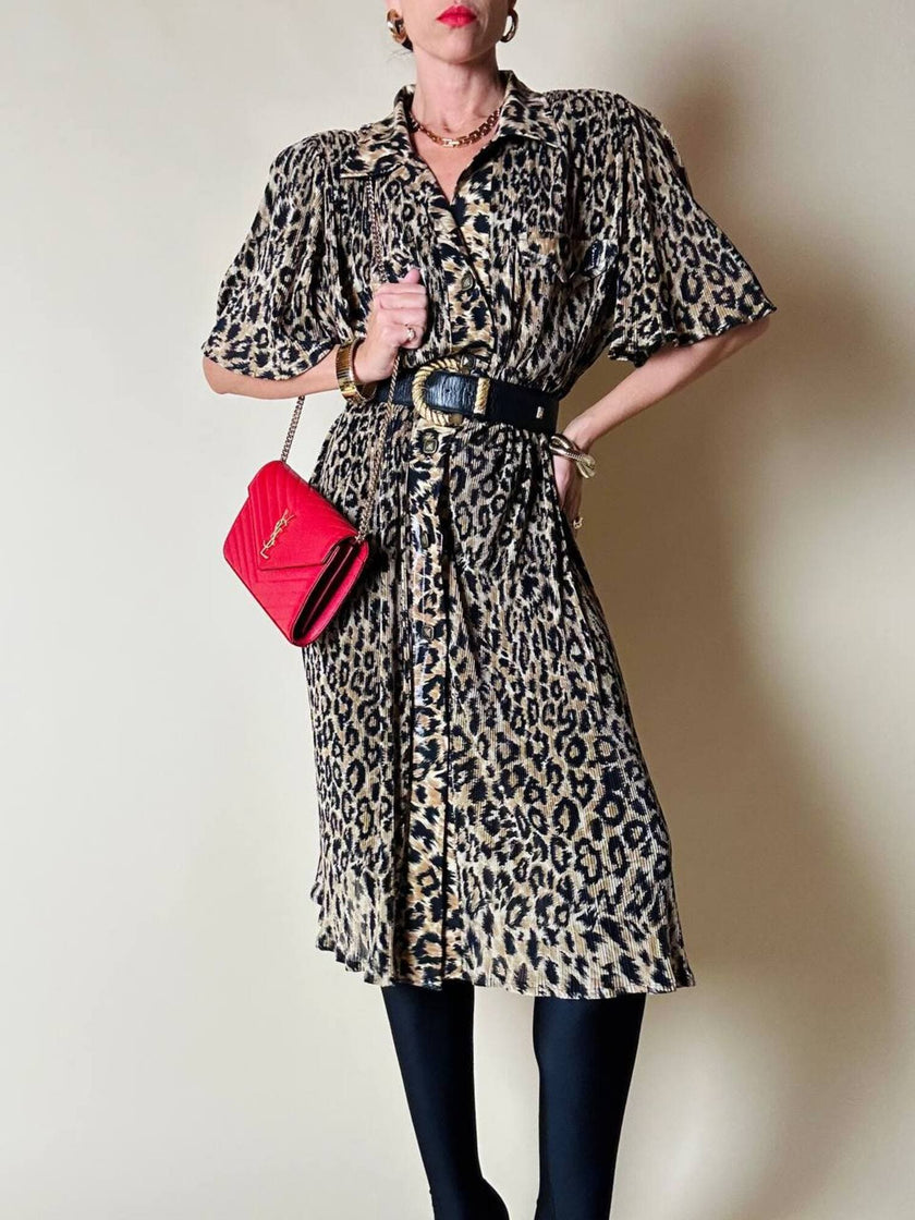 Chemisier vintage leopardato in tessuto micro plissé Henriette