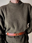 Vintage Yves Saint Laurent tan leather belt with an octagonal enamel buckle and YSL logo