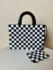 Vintage mother-of-pearl and horn handbag with checkered pattern and matching clutch