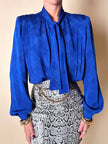 Camicia vintage Tricosa Paris in tessuto jacquard operato a losanghe bluette con nastro al collo
