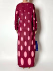 Maxi abito vintage Gottex in cpêpe amarena con maxi pois irregolari rosa