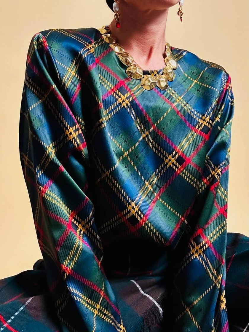 Blusa in raso di seta tartan 
