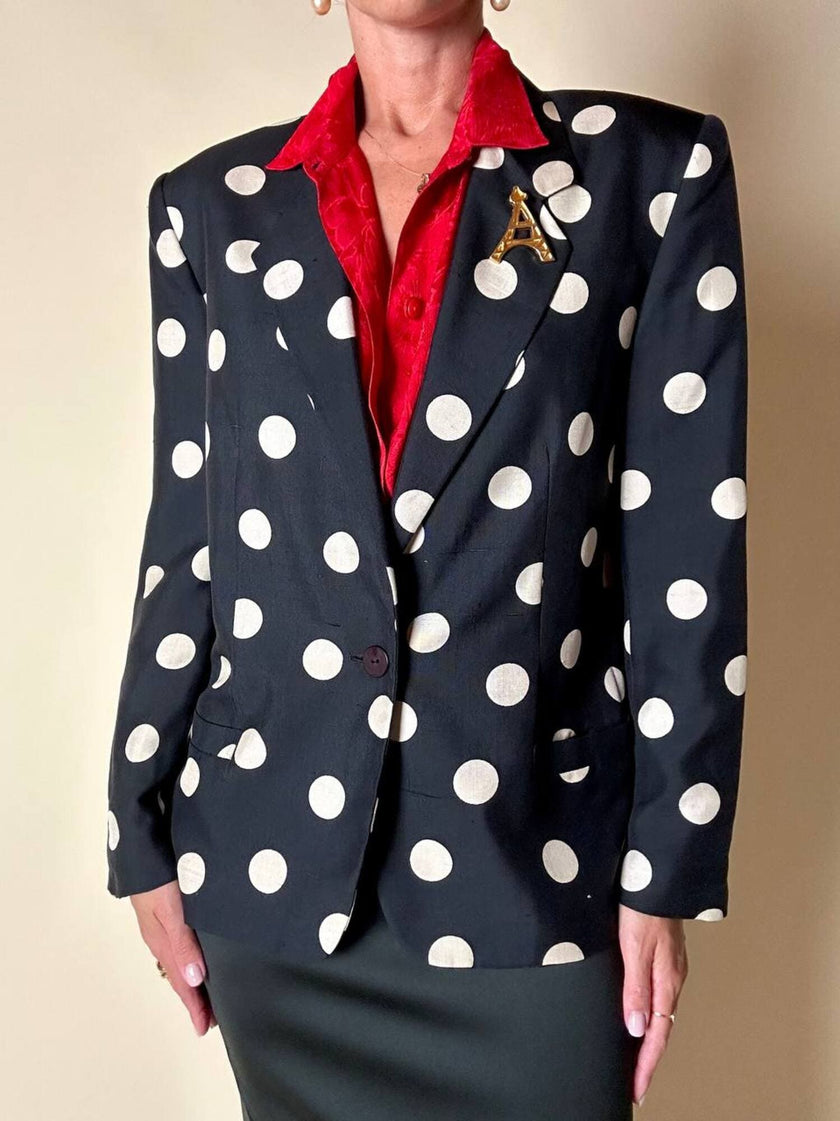 Blazer in seta nera a grandi pois color panna “Genny”