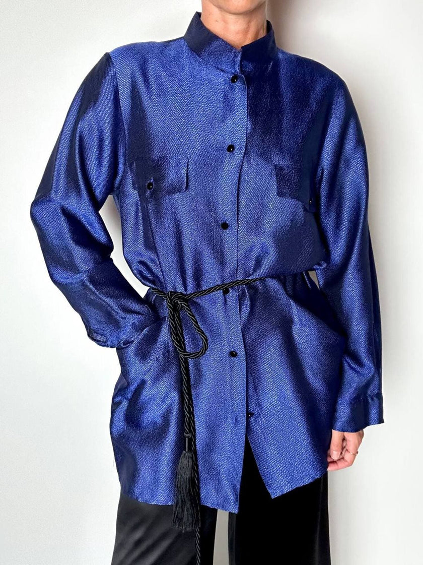 Giacca-camicia vintage in tessuto jacquard bluette