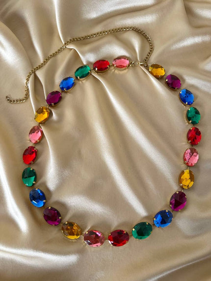 Cintura in catena dorata con strass multicolor