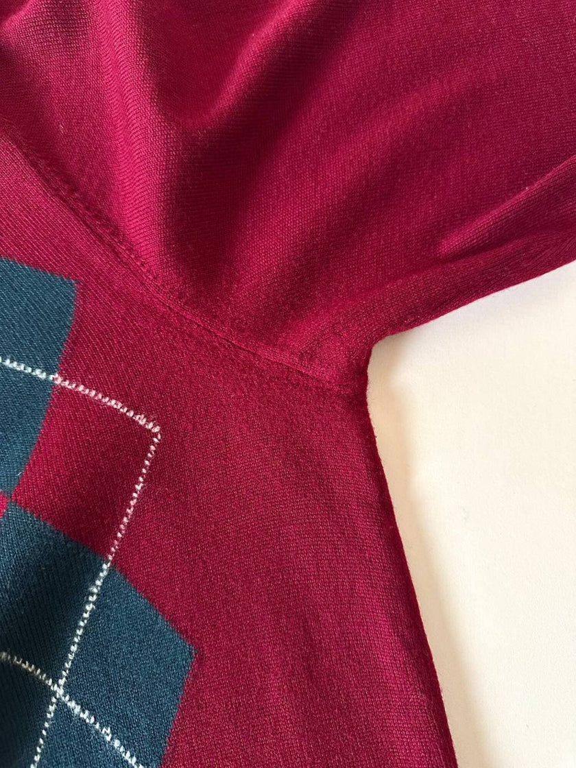 Pullover Yves Saint Laurent fantasia Argyle rosso Borgogna verde inglese e blu notte