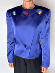 Vintage-Jacke von Yves Saint Laurent aus kobaltblauem Satin mit mehrfarbigen Schmuckknöpfen