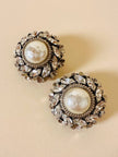 Clip a bottone in metallo argento con strass e perle cabochon