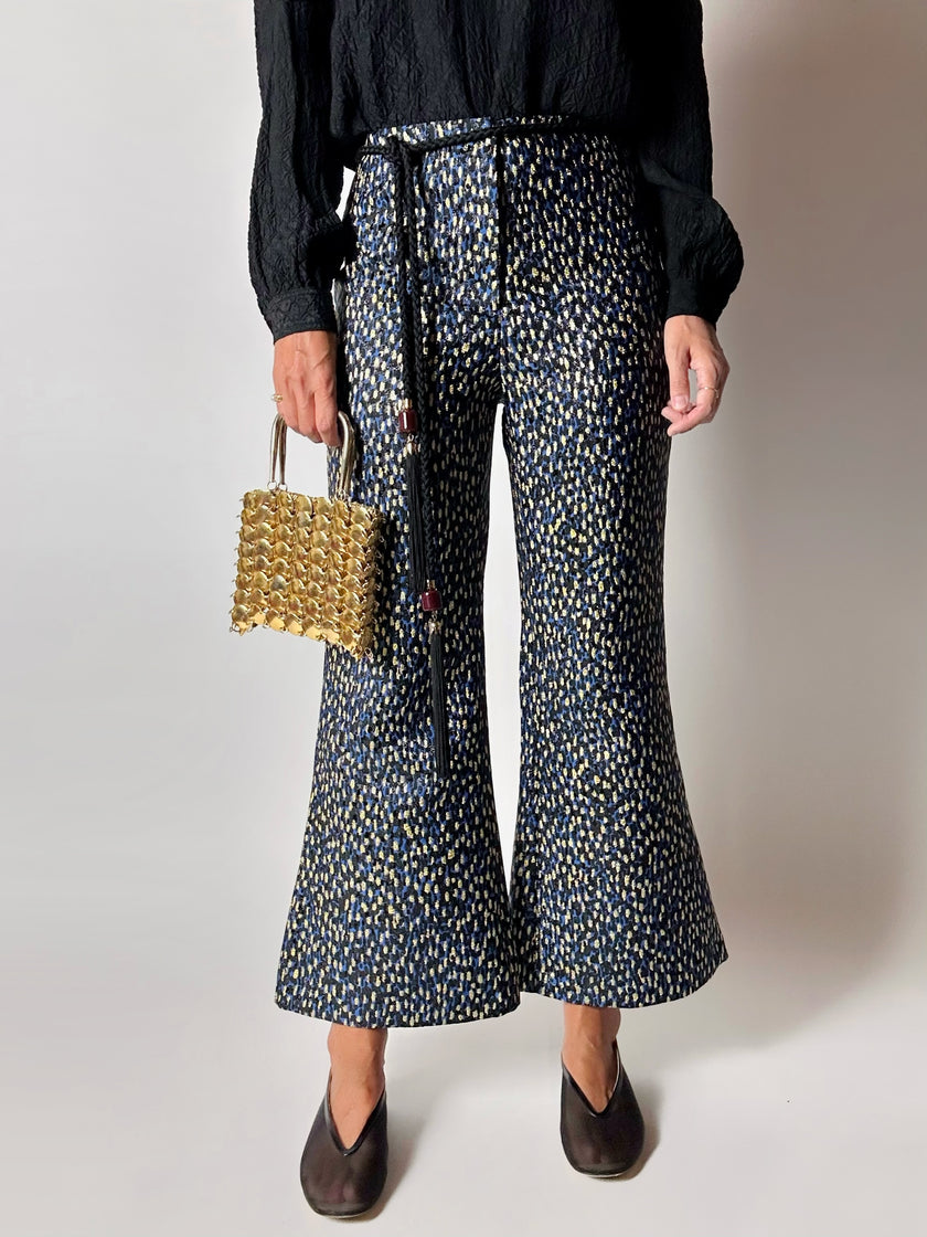 Pantalone a trombetta Merchant Archive in jacquard lamé bluette nero e oro