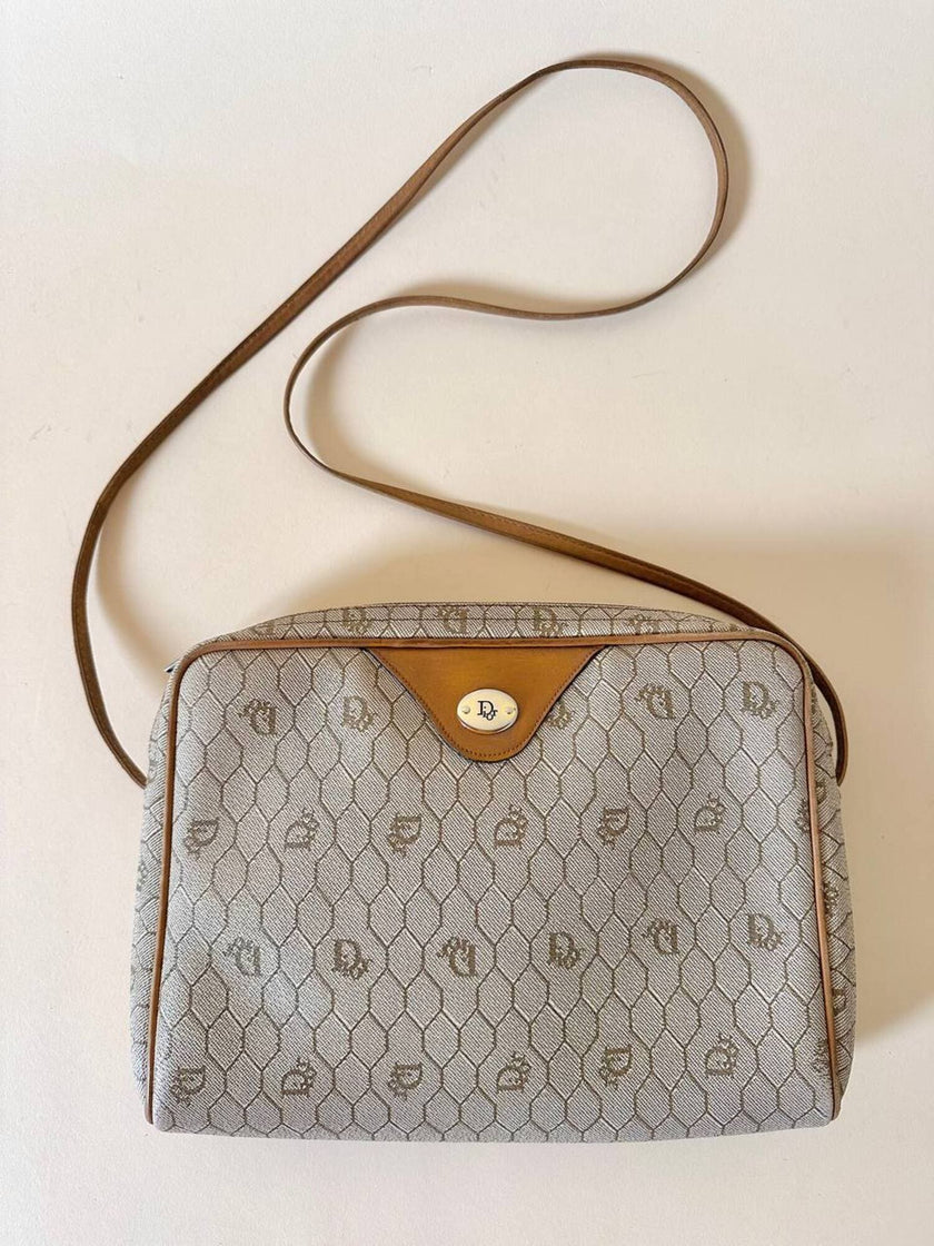 Borsa Christian Dior in tessuto jacquard logato beige con dettagli in pelle cuoio