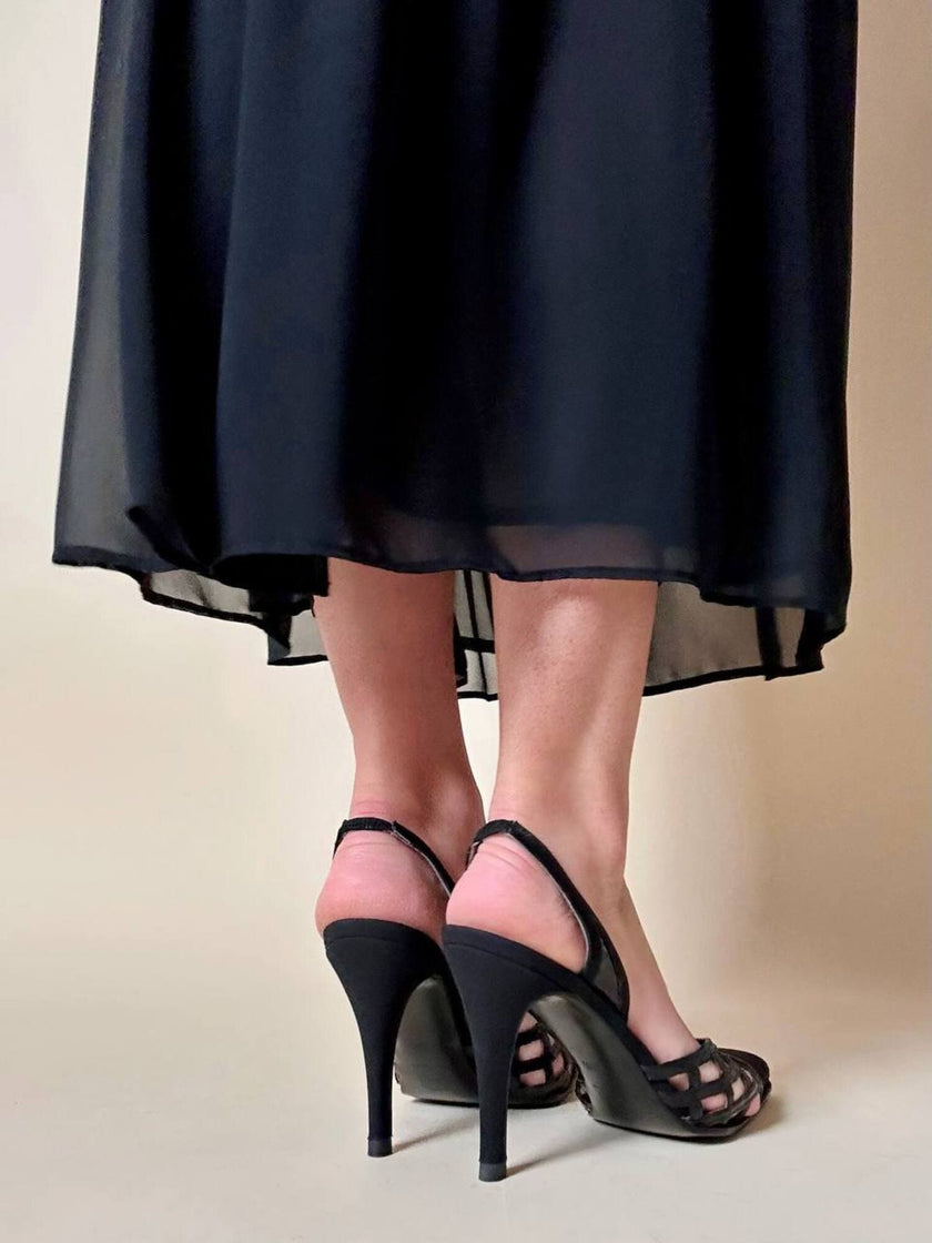 Slingback con dettaglio a rete in tessuto nero opaco e pitone “Beltrami”