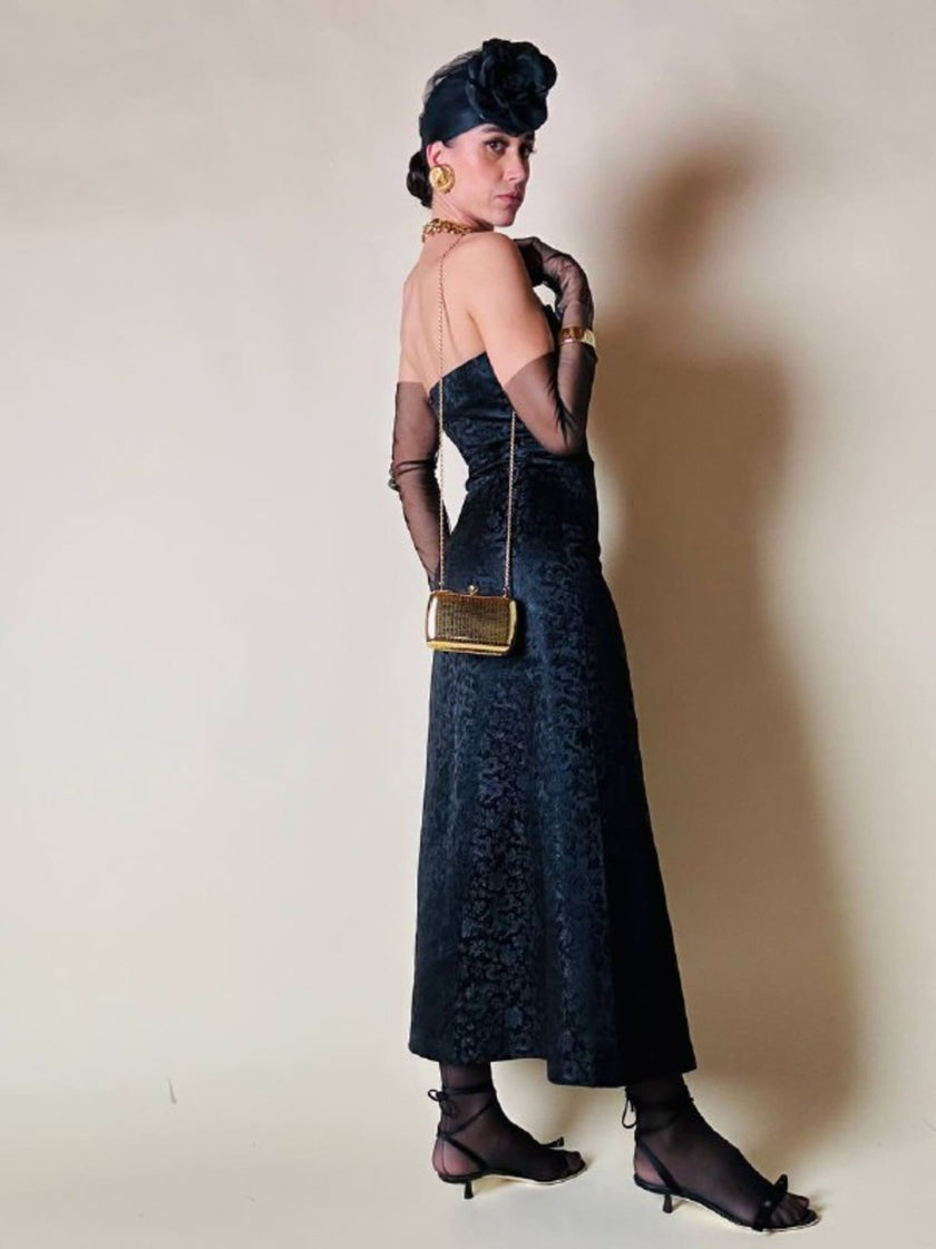 Abito a fascia in broccato di seta nero fantasia orientale