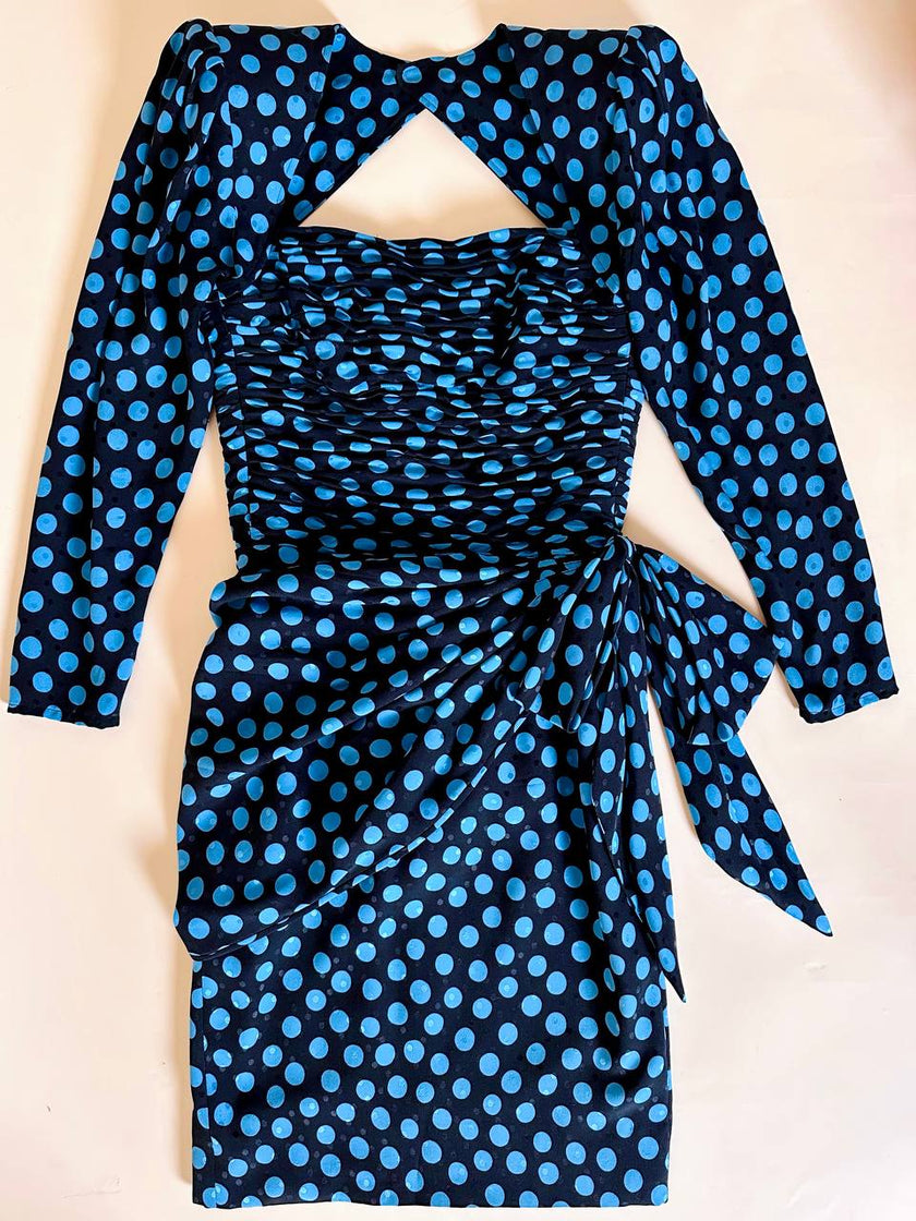 Abito in seta Ungaro Parallèle nero a pois celesti con fiocco laterale