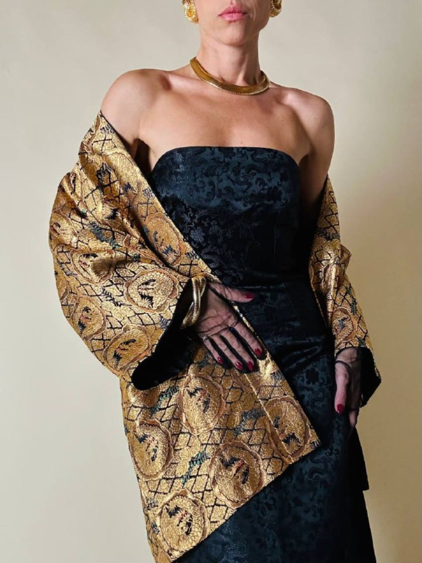 Abito a fascia in broccato di seta nero fantasia orientale
