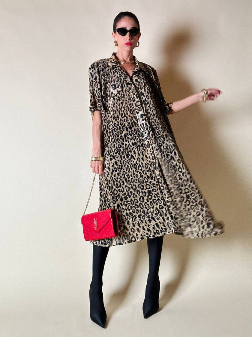 Chemisier vintage leopardato in tessuto micro plissé Henriette
