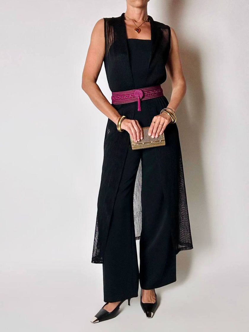 Gilet vintage lungo in rete nera con rever e spacchi laterali New Age