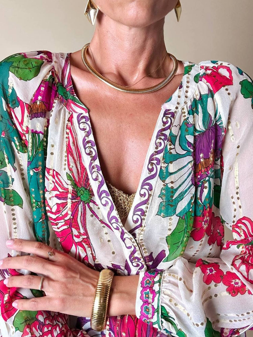 Blusa in seta bianca Jacquard fantasia floreale multicolor “Hale Bob”