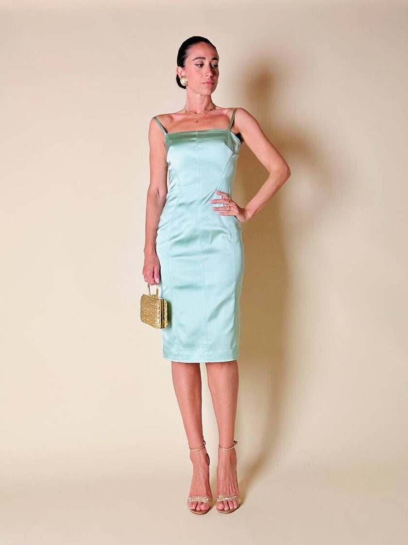 “D&G” aquamarine stretch satin sheath dress