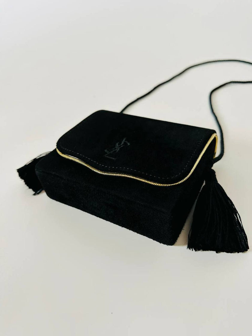 Pochette Beauté vintage Yves Saint Laurent in camoscio nero con nappine e specchio