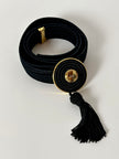 Cintura vintage Nina Ricci Paris in passamaneria elastica nera con fibbia gioiello e nappa couture