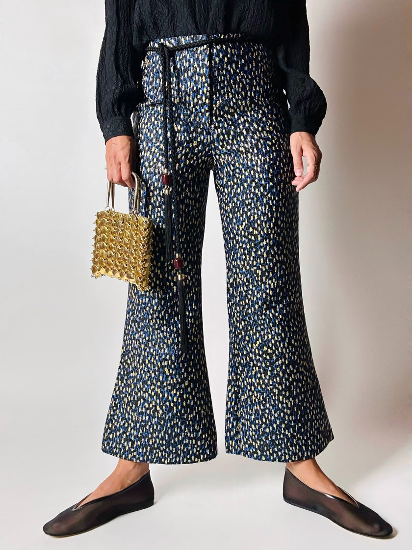 Pantalone a trombetta Merchant Archive in jacquard lamé bluette nero e oro
