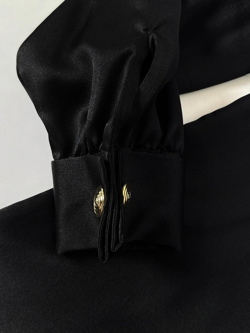 Camicia vintage Padovanelle in raso di seta nero con bottoni gioiello dorati