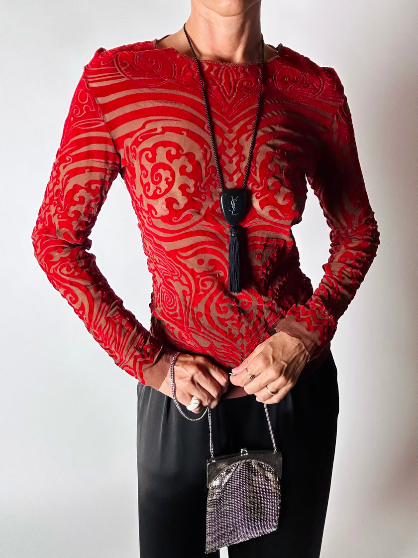 Maglia vintage Jean Paul Gaultier in mesh con stampa in floccato rosso